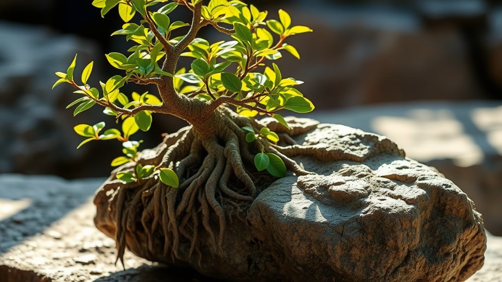 bonsai roots embracing rock